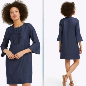 Draper James Chambray Ruffle 3/4 Bell Sleeve Shift Cotton Dress Dark Wash Size 4